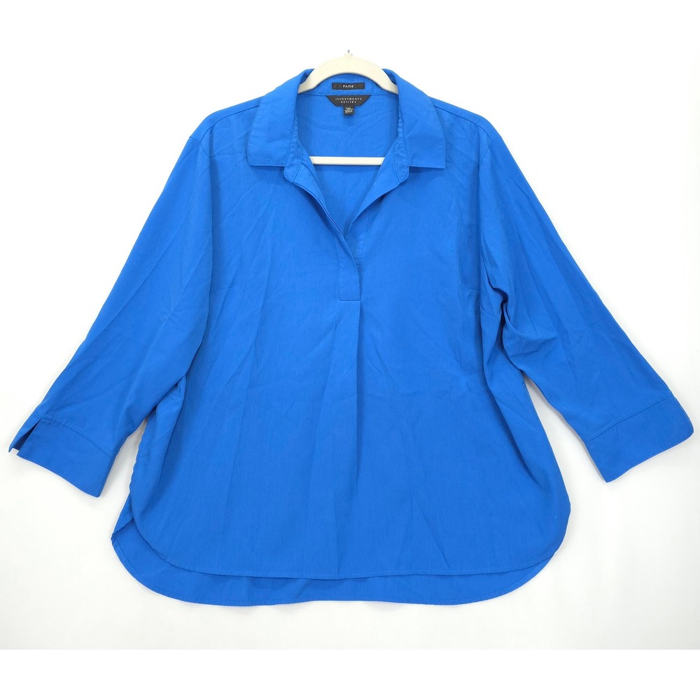 Investments Paige Petites Womens PXL Blue Tunic Top Split Neck 3/4 Sleeve Blouse